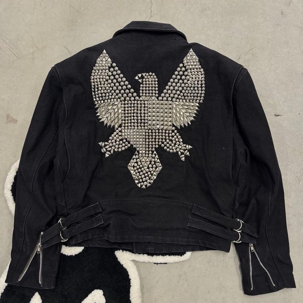 Jeff Hamilton 90s Vintage Studded Eagle Canvas Moto Jacket Black Mens Large USA
